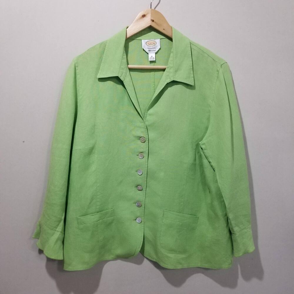 Talbots Jacket Womens 16 Green Irish Linen Button Front Patch Pockets Shacket